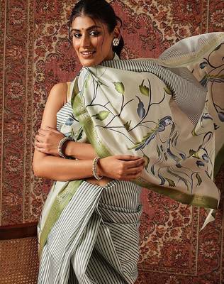 Off white printed art silk ethnic saree with blouse piece 4