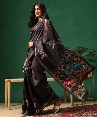 Black woven art silk traditional saree with blouse piece 2
