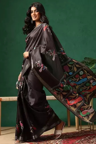 Black woven art silk traditional saree with blouse piece