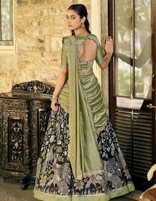 Black Kalamkari Print Silk Festive Wear Half Saree Lehenga 4