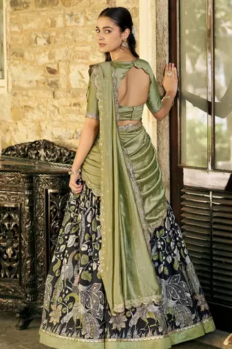 Glamorous Black Kalamkari Print Silk Festive Wear Half Saree Lehenga
