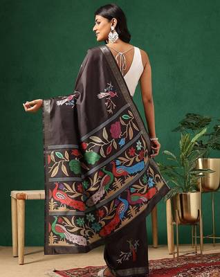Black woven art silk traditional saree with blouse piece 3