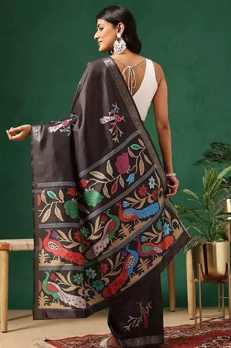 Black woven art silk traditional saree with blouse piece