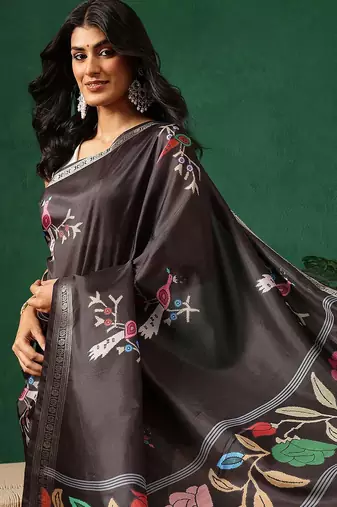 Black woven art silk traditional saree with blouse piece