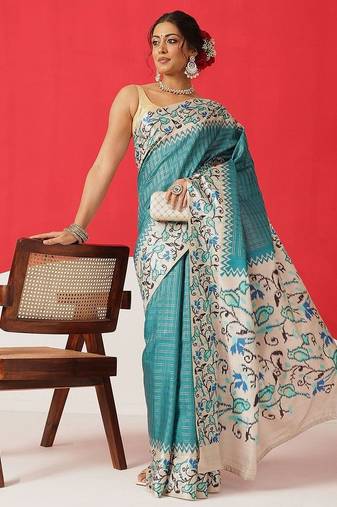 Teal woven silk blend ethnic saree with blouse piece
