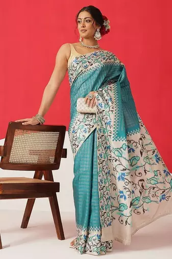 Teal woven silk blend ethnic saree with blouse piece
