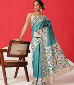 Teal woven silk blend ethnic saree with blouse piece