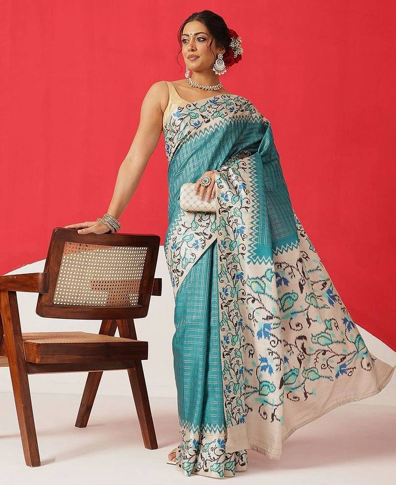 Teal woven silk blend ethnic saree with blouse piece