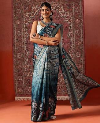 Teal printed art silk ethnic saree with blouse piece 1