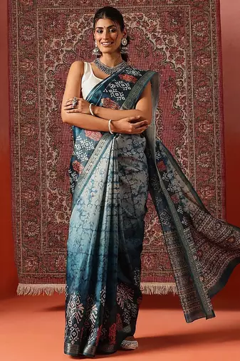 Teal printed art silk ethnic saree with blouse piece