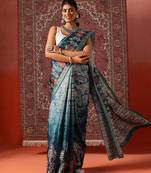 Teal printed art silk ethnic saree with blouse piece