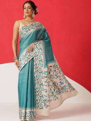 Teal woven silk blend ethnic saree with blouse piece 2