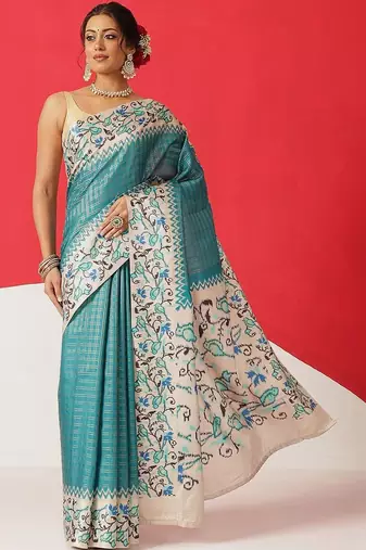 Teal woven silk blend ethnic saree with blouse piece