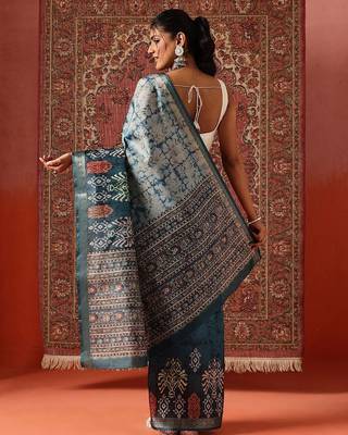Teal printed art silk ethnic saree with blouse piece 2