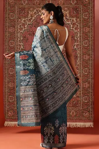 Teal printed art silk ethnic saree with blouse piece