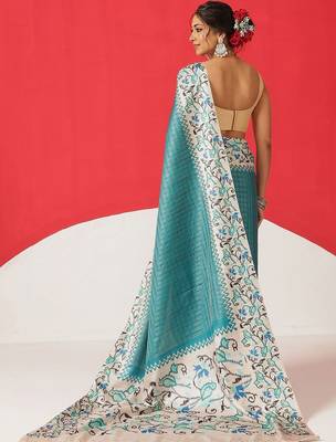 Teal woven silk blend ethnic saree with blouse piece 3