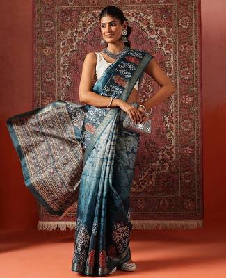 Teal printed art silk ethnic saree with blouse piece 3