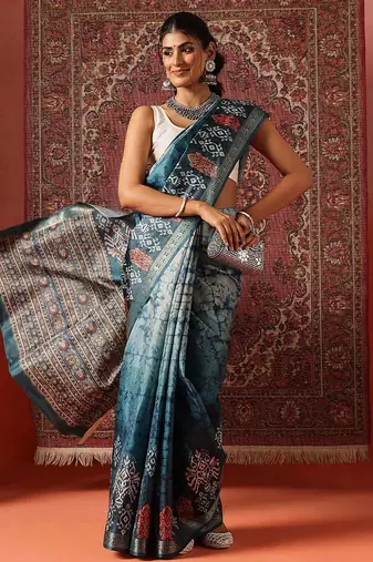 Teal printed art silk ethnic saree with blouse piece