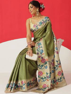 Olive woven silk blend ethnic saree with blouse piece 1