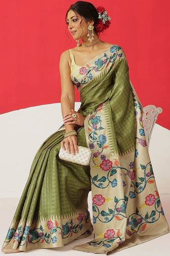 Olive woven silk blend ethnic saree with blouse piece