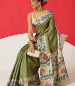 Olive woven silk blend ethnic saree with blouse piece