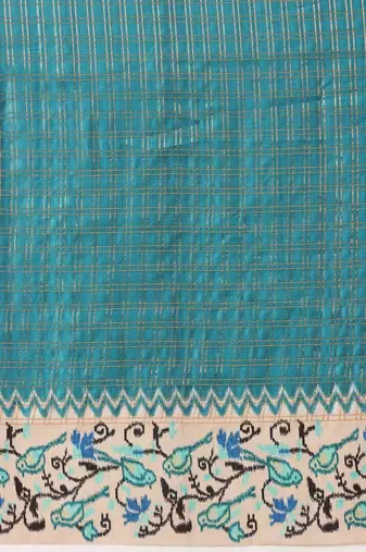 Teal woven silk blend ethnic saree with blouse piece