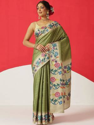 Olive woven silk blend ethnic saree with blouse piece 2