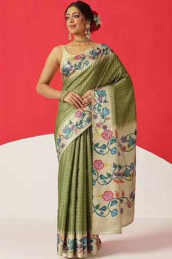 Olive woven silk blend ethnic saree with blouse piece