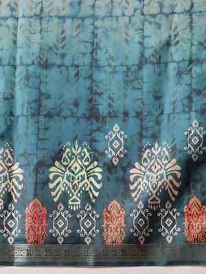 Teal printed art silk ethnic saree with blouse piece 5