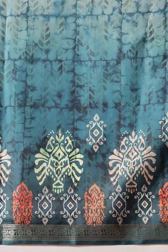 Teal printed art silk ethnic saree with blouse piece
