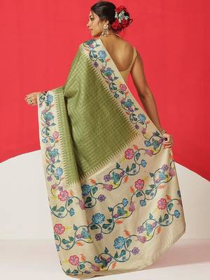 Olive woven silk blend ethnic saree with blouse piece 3