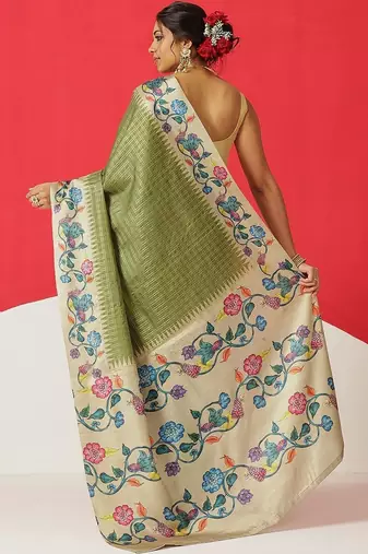 Olive woven silk blend ethnic saree with blouse piece