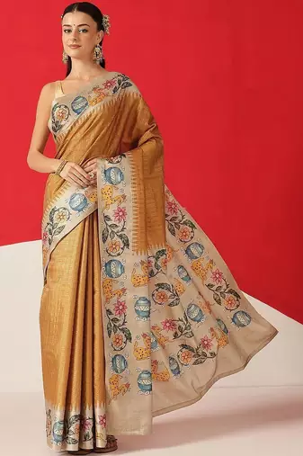 Golden woven silk blend ethnic saree with blouse piece