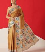 Golden woven silk blend ethnic saree with blouse piece