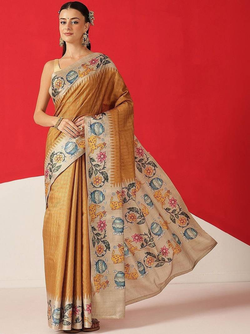 Golden woven silk blend ethnic saree with blouse piece
