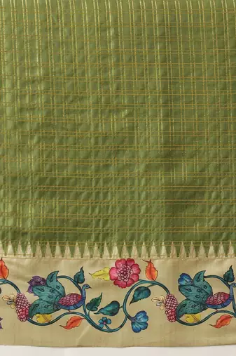 Olive woven silk blend ethnic saree with blouse piece