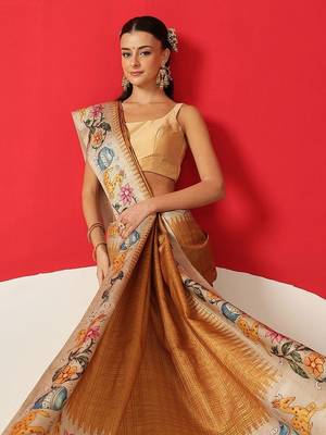 Golden woven silk blend ethnic saree with blouse piece 3