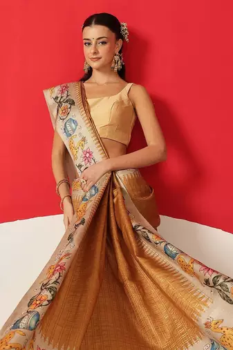 Golden woven silk blend ethnic saree with blouse piece