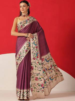 Purple woven silk blend ethnic saree with blouse piece 1