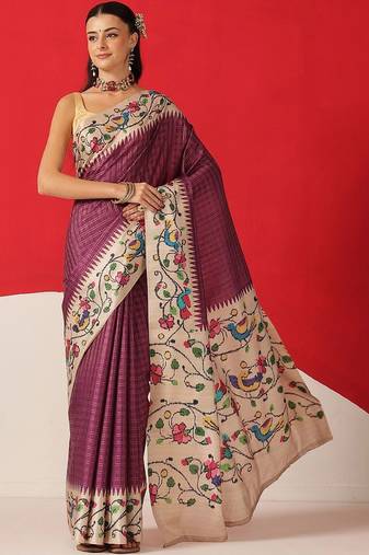 Purple woven silk blend ethnic saree with blouse piece