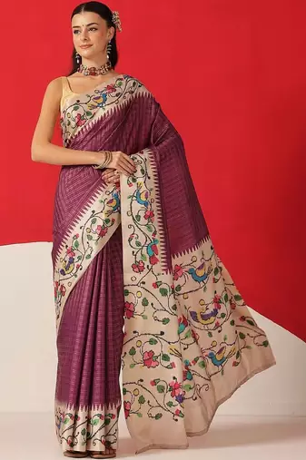 Purple woven silk blend ethnic saree with blouse piece