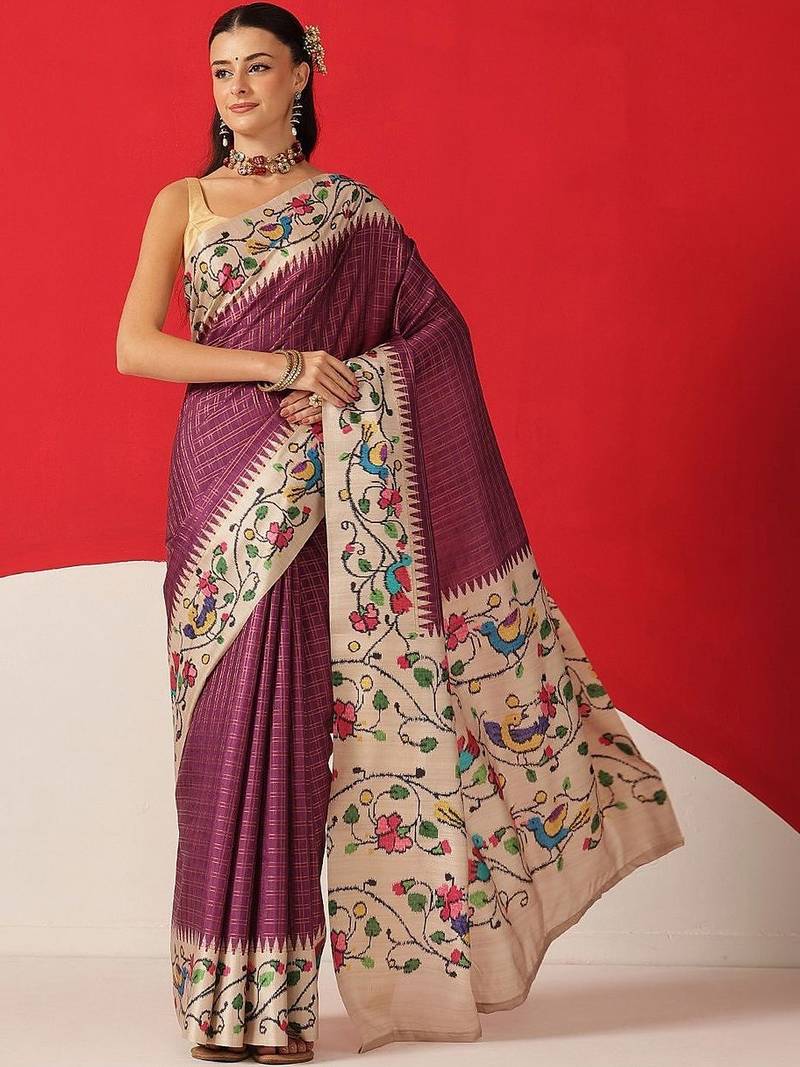 Purple woven silk blend ethnic saree with blouse piece