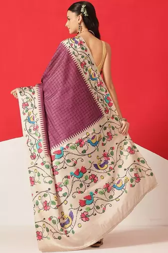 Purple woven silk blend ethnic saree with blouse piece