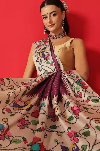 Purple woven silk blend ethnic saree with blouse piece