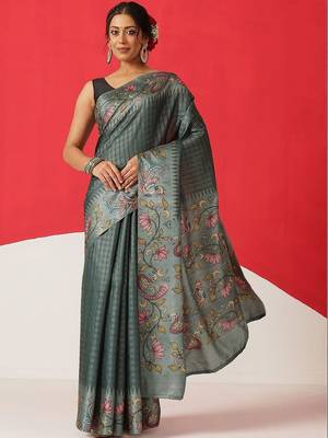 Teal woven silk blend ethnic saree with blouse piece 1
