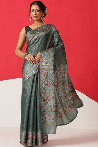 Teal woven silk blend ethnic saree with blouse piece