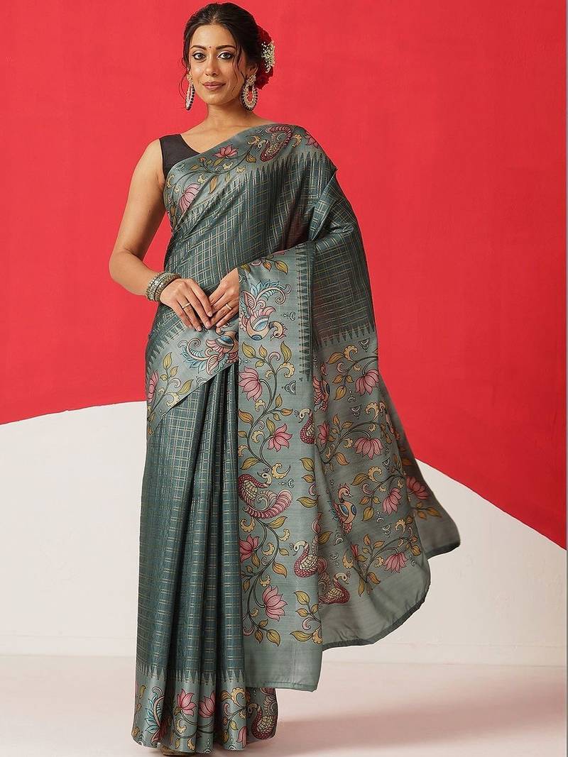 Teal woven silk blend ethnic saree with blouse piece
