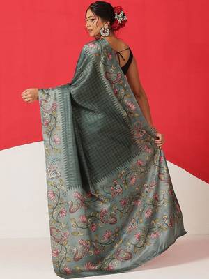 Teal woven silk blend ethnic saree with blouse piece 3