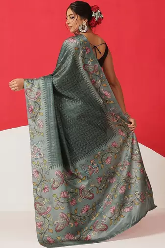 Teal woven silk blend ethnic saree with blouse piece