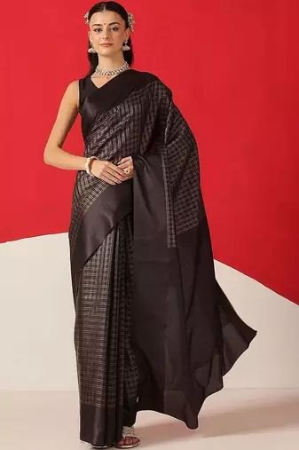 Black woven silk blend ethnic saree with blouse piece